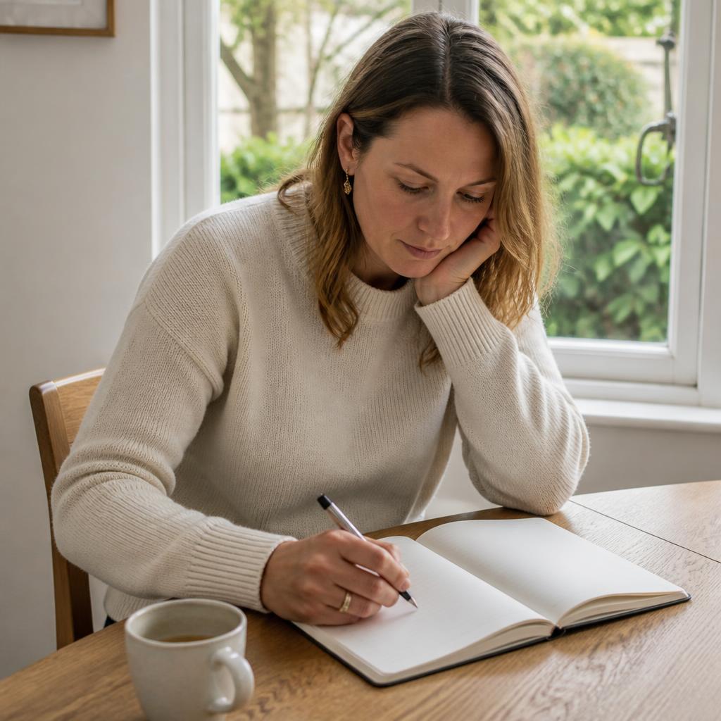 An open notebook and a cup of tea on a sunlit wooden desk