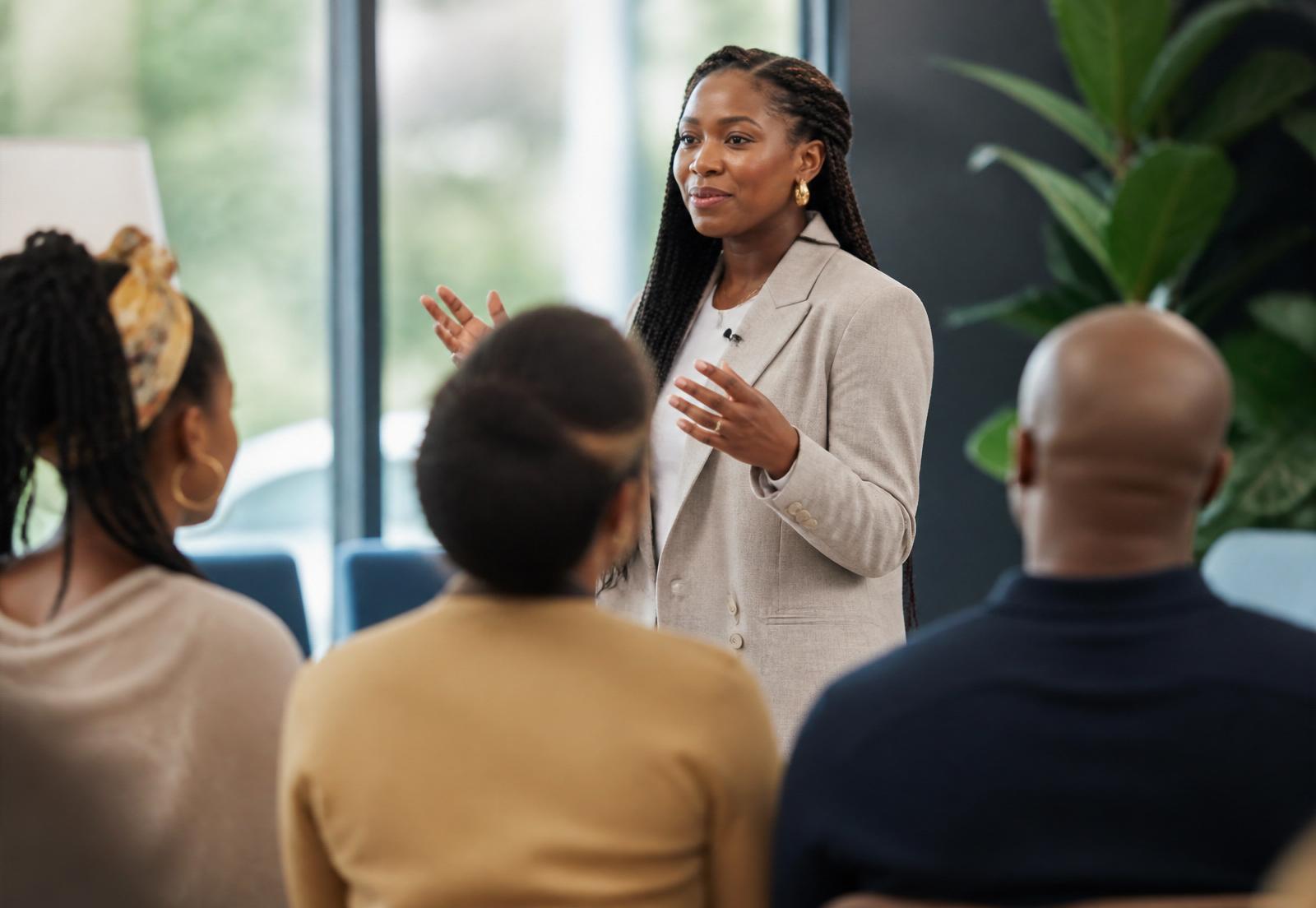 Parenting coach presenting a seminar to a small audience of attentive parents
