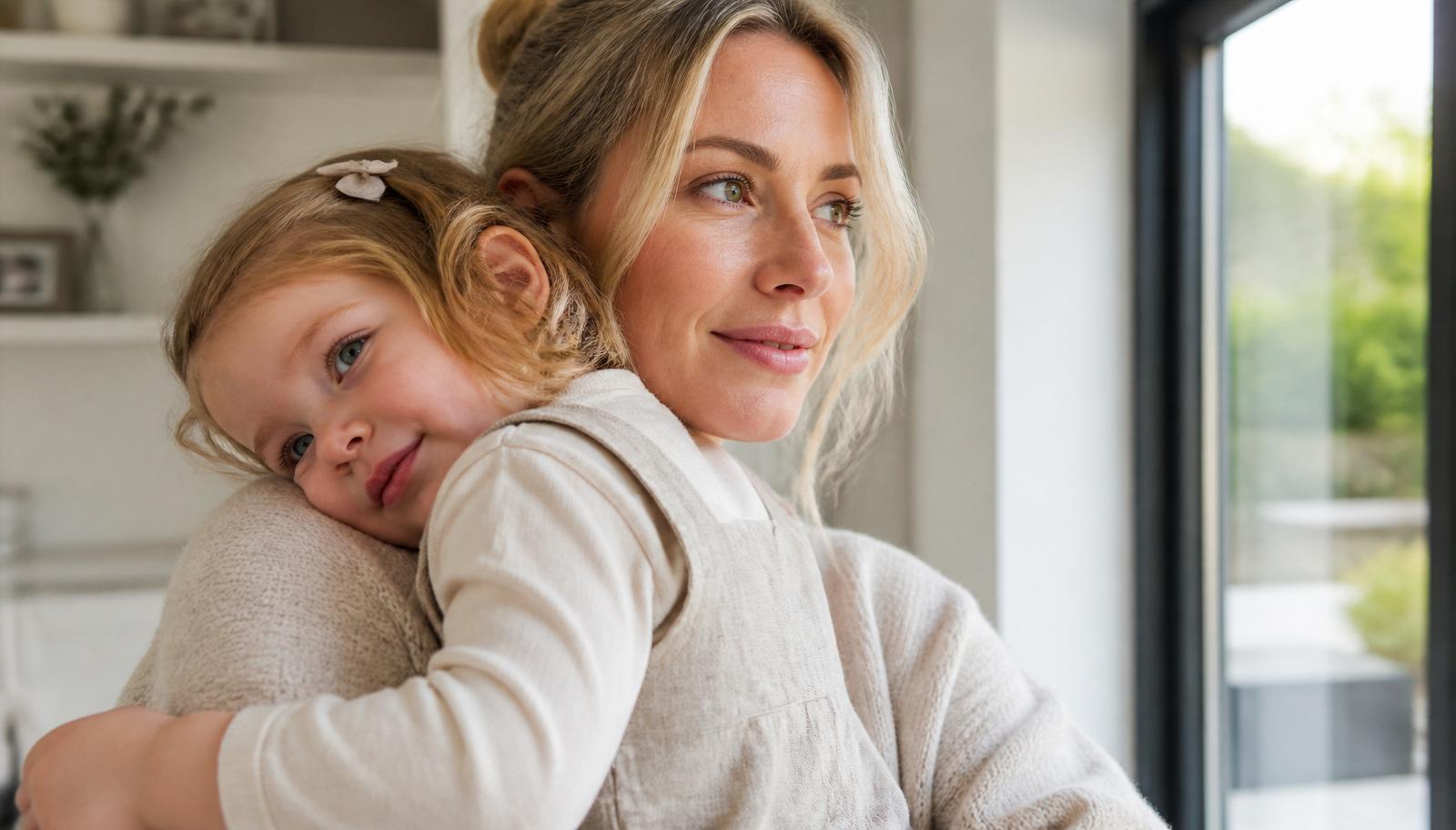 Parent holding their young child in soft window light at home